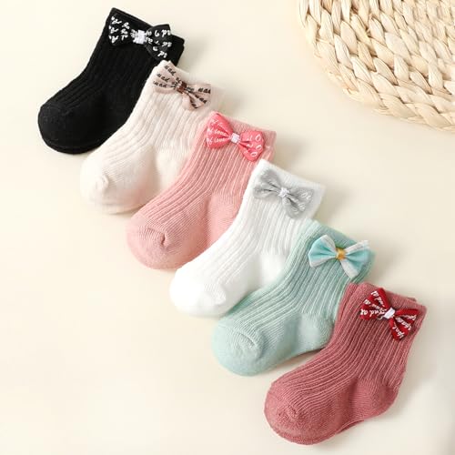 TOBETOPTOOLER 6 Pairs Baby Girl Socks,Bow Ankle Socks for Newborn Infant Preemie Soft Breathable Mixed Colors (US, Age, 0 Months, 3 Months, Multicolor)