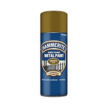 Hammerite Spray Paint for Metal. Direct to Rust Exterior Gold Metal Paint, Smooth Finish. Corrosion Resistant Gold Gloss Paint and Rust Remover, 8 Year Protection - 400ml Aerosol 0.5 SqM Coverage​