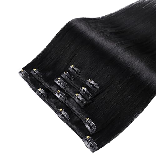 Image of LaaVoo Yaki Straight Clip in Hair Extensions Real Human Hair Jet Black - Textured Yaki Mimicking Relaxed African Hair for a Natural Voluminous Look 100g 5pcs 18 Inch