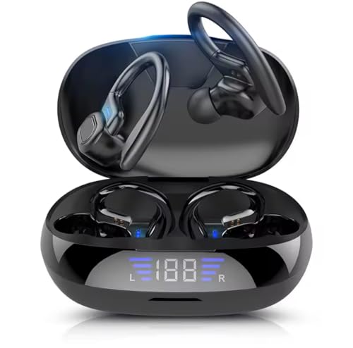 Auriculares Inalambricos, Auriculares Bluetooth 5.3 Deportivos con Gancho de la Oreja, 60H de Reproducción, Pantalla LED, Llamada ENC HD, Profundamente Bajo, Ajuste Cómodo, IPX7 Impermeable(Negro).