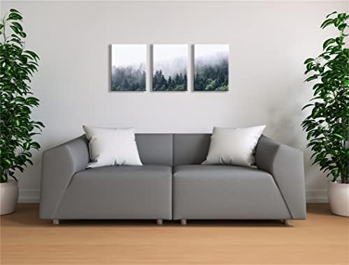 Green Forest Prints Trees Landscape Pictures - Misty Mountain Wall Art Foggy Forest Artwork Framed 3 PCS Canvas Paintings 12 x 16 Inches Tropical Posters For Bedroom Bathroom Living Room Kithcen Decor