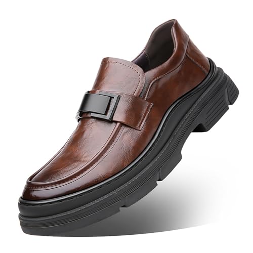 Image of Men's Leather Round Toe Platform Slip-On Oxford Shoes,Fashion Metal Decoration Business Loafers Casual Formal Work Driving Shoes