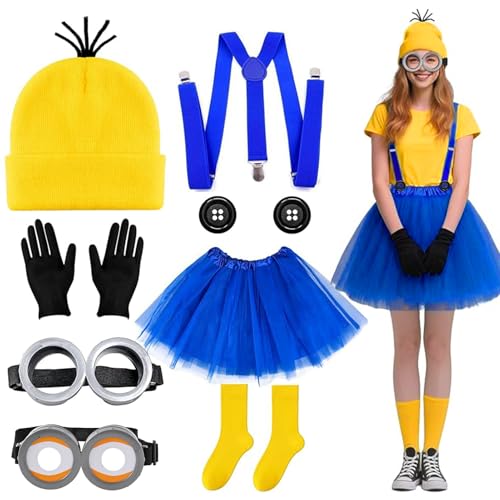 LOEPENLE Juego de 7 piezas de disfraz amarillo para cosplay, juego de disfraz amarillo, carnaval, cosplay, Halloween, mujer, hombre, incluye gafas, sombrero, guantes, calcetines, botón