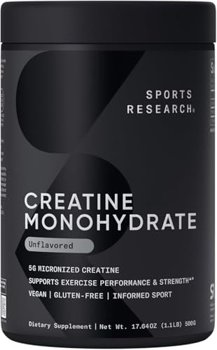 Sports Research Creatine Monohydrate - Gain Lean Muscle, Improve Performance and Strength and Support Workout Recovery* - 5 g Micronized Creatine - 17.46 oz