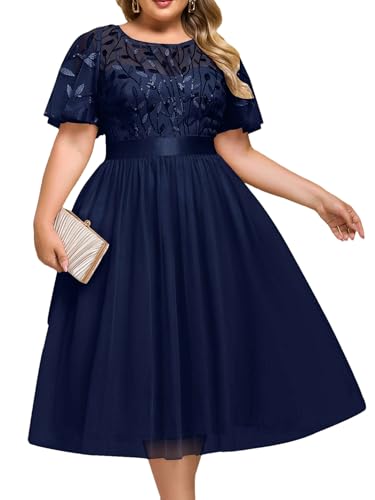 Image of Ever-Pretty Plus Women's Round Neck Embroidery Short Sleeves Sequin Tulle Midi Plus Size Cocktail Wedding Guest Dresses Navy Blue US16