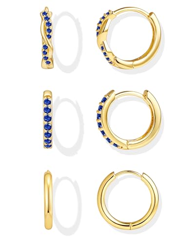 Inerney Gold Sapphire Huggie Hoop Earrings Set for Women, Dainty 14K Small Royal Navy Blue Earring...
