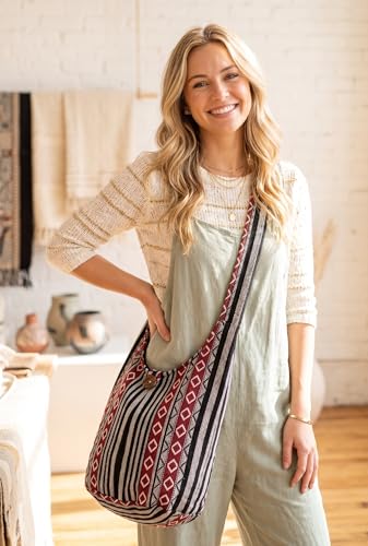 Image of Woven Hippie Crossbody - Hobo Sling Shoulder Bag - Thai Cotton Boho Messenger Purse - Medium