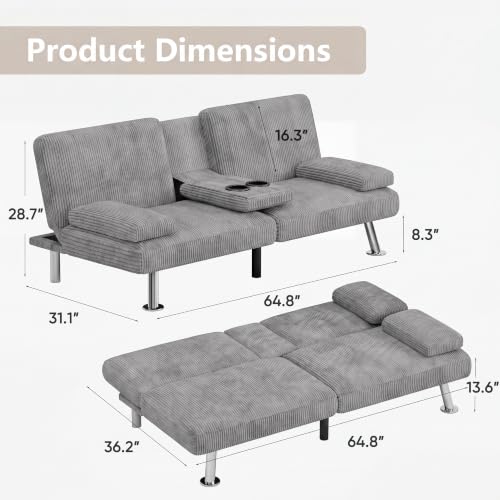 Image of Flamaker Futon Sofa Bed, Modern Corduroy Convertible Folding Futon Set