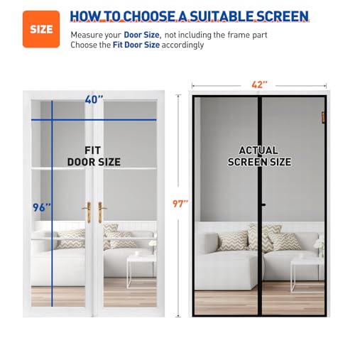 Image of MAGZO Magnetic Screen Door Fit Door Size 40 x 96 Inch, Screen Size 42 inch x 97 inch Strong Magnet French Style Mesh, Heavy Duty Fiberglass Mesh with Hook & Loop for Sliding Entrance, Gray