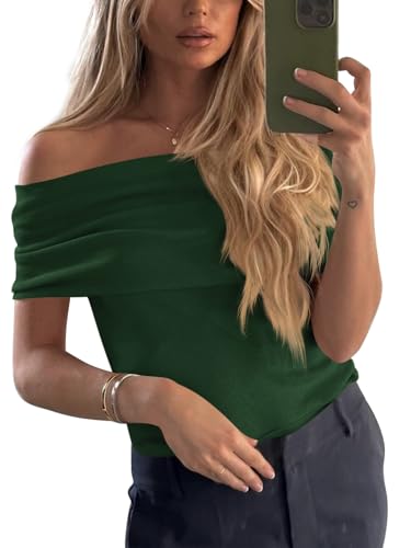 Imily Bela Women's Off The Shoulder Sweaters Casual Knit Sleeveless Summer Y2K Going Out Tops Blouses Army Green