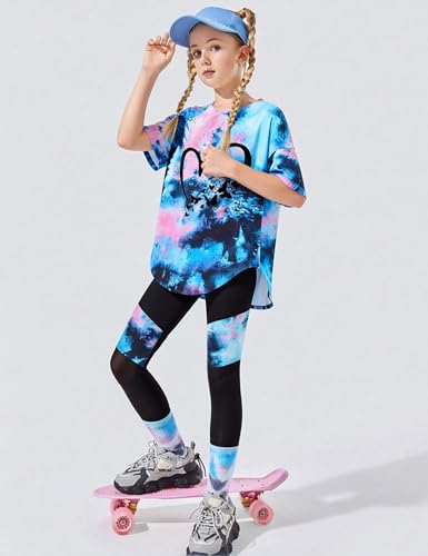 Image of Girls 2 Piece Outfits Kids Clothes Pants Sets Print Short Sleeve Top Leggings Spring Summer Tracksuit 4-13Y