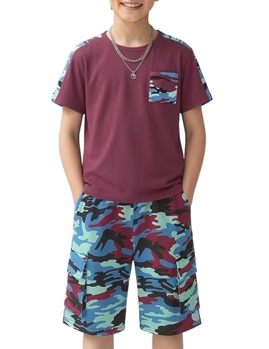 Image of mksodopy Boys Summer Outfit Set 2 Piece T Shirt and Camo Shorts Casual Clothes for Little Big Boys 5-16