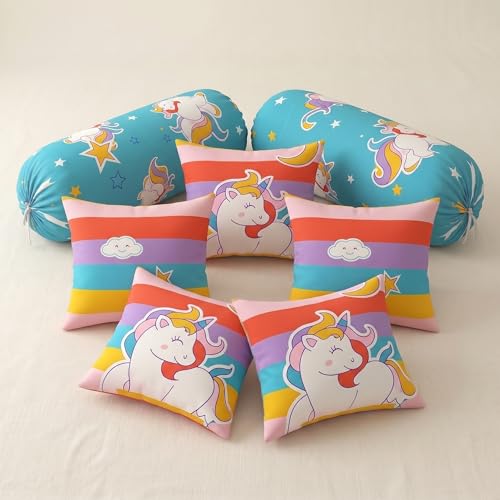 Image of Filymore Multicolor Star Unicorn Kids Fitted Diwan Set 8 Pieces - Microfiber Diwan Bedsheet Set with 5 Cushion Covers & 2 Bolster Covers | Soft Rainbow Unicorn Print Diwan Cover Set for Kids Room