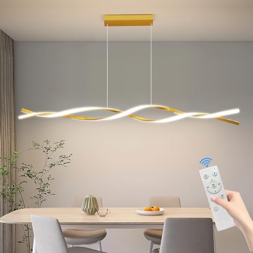 Mikeru 150cm Luce a Pendente a Onda da, lampadario moderno a dorata，Lineare Lampada 3000-6000k Dimmerabile 10%-100% Luci Appese Regolabili in Altezza con Funzione di Memoria per Isola Cucina