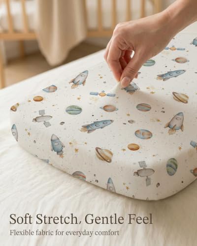 Image of Bassinet Sheets for Baby Girls Boys 2 Pack, Fitted Baby Mattress Sheet for Rectangle, Oval, Hourglass Bassinet Mattress, Breathable Cozy & Universal Fit (Stellar Adventure, Bassinet Sheet)