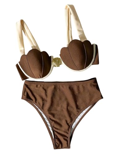 SHENHE Women's Underwire Swimsuits 2 Piece Push Up Seashell Top Bikini Top Color Block Bikinis Brown...