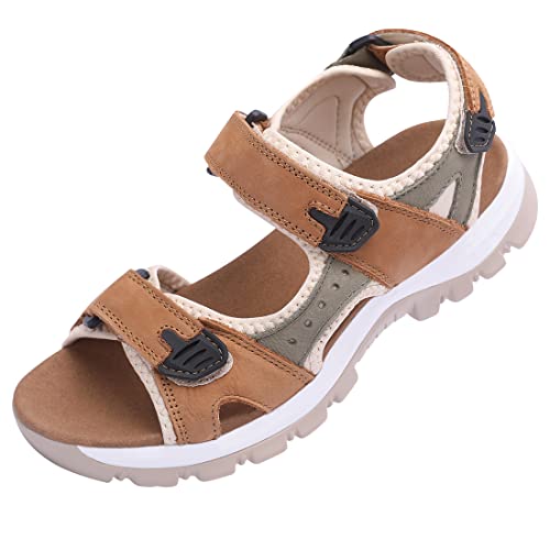 Harssidanzar Sandalias de Piel para Mujer Sandalias de Verano Sandalias Deportivas para Exterior SL256EU,Camello Gris,Talla 39