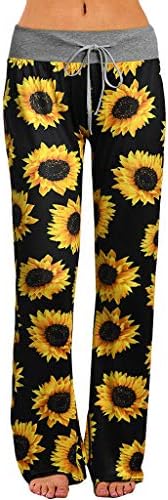 F_Gotal Women's Comfy Casual Pajama Pants Sunflower Print Drawstring Palazzo Lounge Pants Wide Leg