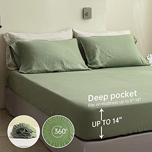 SimpleOpulence-100-Linen-Sheet-Set-Solid-Color-4-Pcs-Washed-French-Linen-Bed-Sheets1-Flat-Sheet1-Fitted-Sheet2-Pillowcases-Breathable-Bedding-Set-Sage-Green-Queen