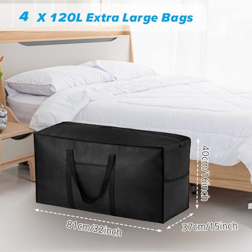 4er-Pack 120L Extra Große Starke Umzugsboxen mit Deckel, Schwerlast-Aufbewahrungstaschen mit Reißverschluss, Tragetasche für Reisen, Bettdecken, Kleidung, Unterbettaufbewahrung