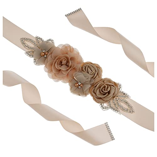SHTGOI Cinturón de mujer con perlas de estrás para novia, con flores, cinta de raso, para boda, cinturón de novia, dama de honor, faja, rosa, vestido de novia, accesorio para vestido, 270 cm, color