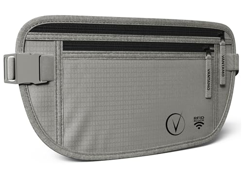 Vantamo Bauchtasche Damen Ultraflach mit RFID-Schutz, Geldgürtel für Reisen mit 2 Fächer und Verstellbarem Gurt, Hüfttasche Herren für Laufen und Wandern Passt für Reisepass, Bargeld und Telefon