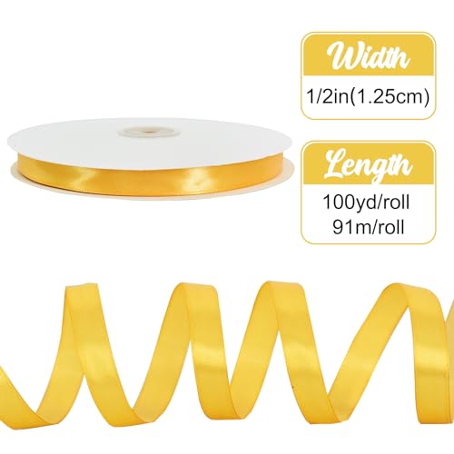 TONIFUL 1/2 Inch x 100yds Yellow Satin Ribbon Thin Solid Fabric Ribbons for Invitation Gift Wrapping Bows Craft Making - Image 2