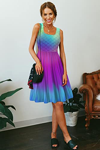Image of uideazone Women Funny Print Sleeveless U Neck A Line Casual Midi Dress | Soft Stretchy Breathable Fabric Flared Swing Sundress Fitted Waist for Daily Wear 80 /90s Themed Party Beach Vacation Trips