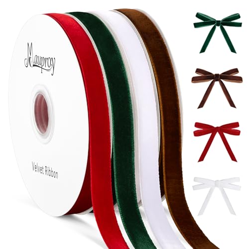 Mauproy 3/8 Inch Christmas Velvet Ribbon Set, 4 Rolls Total 40 Yards,...