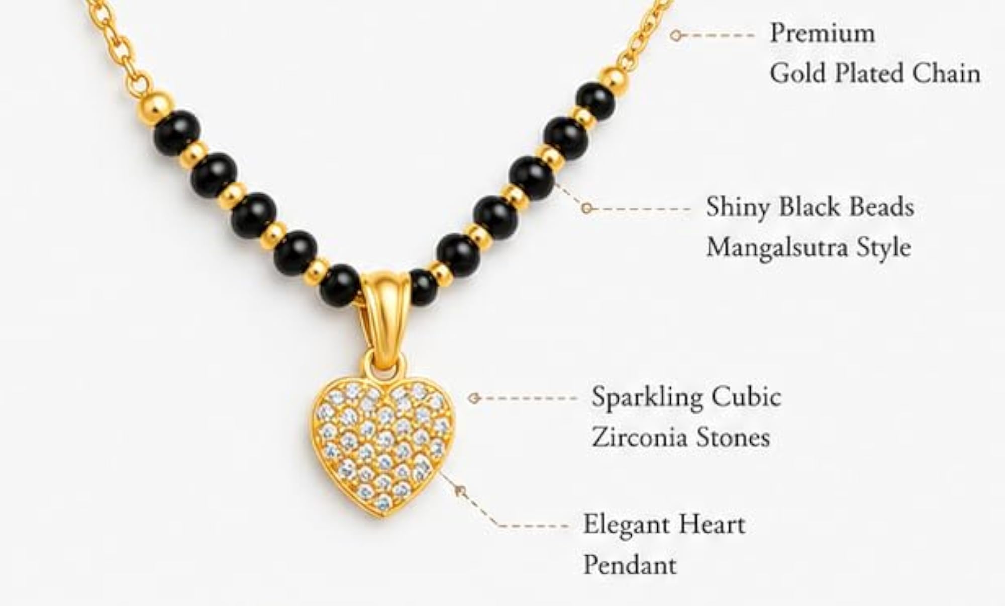 Gold Plated Heart Pendant Mangalsutra with Black Beads