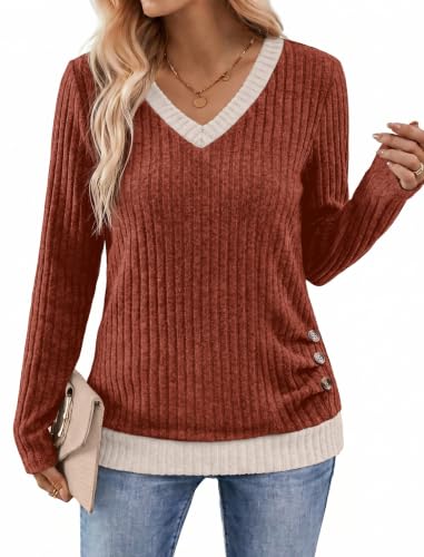 Sampeel V Neck Long Sleeve Shirts Button Side Sweaters Color Block Tops