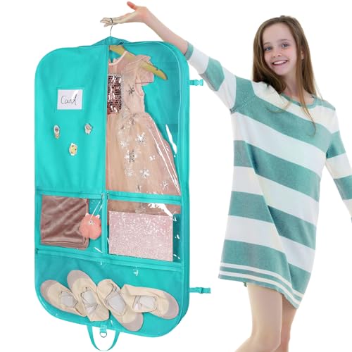 Univivi Kids Garment Bags for Dance Costumes 40 Inch Dance Costumes Bag, 3 Medium Clear Zipper Pockets and 2 Back Zippered Pockets, with 1 xPendant, 3 x Badge - Green by Univivi - Image 6
