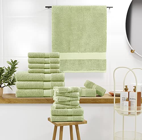 18 Piece Bathroom Set, 100% Cotton Luxury Bath Towels, Hotel Towels, Highly Absorbent Towels Bathroom Sets, 4 Bath Towel, 6 Hand Towels For Bathroom, 8 Wash Cloths For Your Face - Sage Green #TOP3