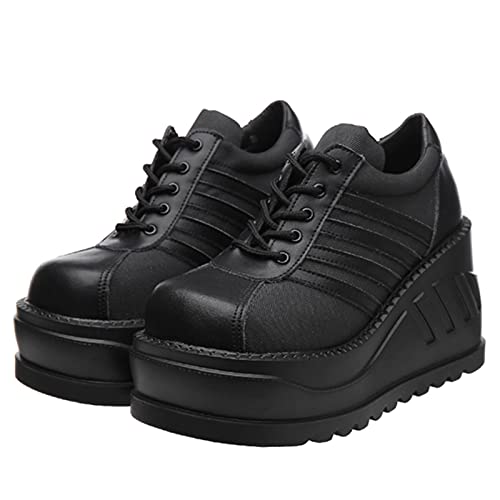 Erocalli Platform Goth Ankle Boots for Women Lace up Wedges Heels Punk Shoes Black Round Toe Sneakers