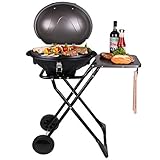Der elektrische Standgrill mit Deckel und Ablagefläche kann auf Balkon Terrasse, im Garten und auf dem Küchentisch verwendet werden, wenn der Grill vom Gestell abgenommen wird | das Grillen funktioniert fast komplett Rauchfrei