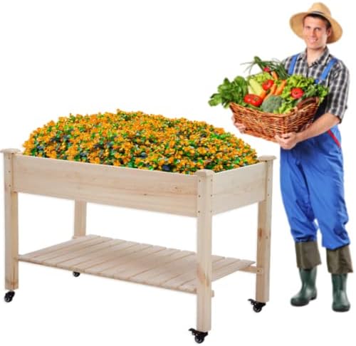 Tyyps Raised Garden Bed Elevated Wood Planter Box with Wheels and Storage Shelf, 48x23x32 Inch Outdoor Herb Garden Planter Box for Vegetable Plants and Seeds Backyard Patio Garden Raised Bed, Natural