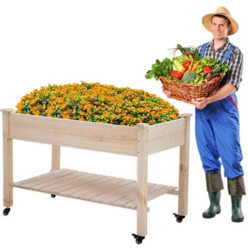 Tyyps Raised Garden Bed Elevated Wood Planter Box With Wheels And Storage Shelf, 48X23X32 Inch Outdoor Herb Garden Planter Box For Vegetable Plants And Seeds Backyard Patio Garden Raised Bed, Natural #TOP22