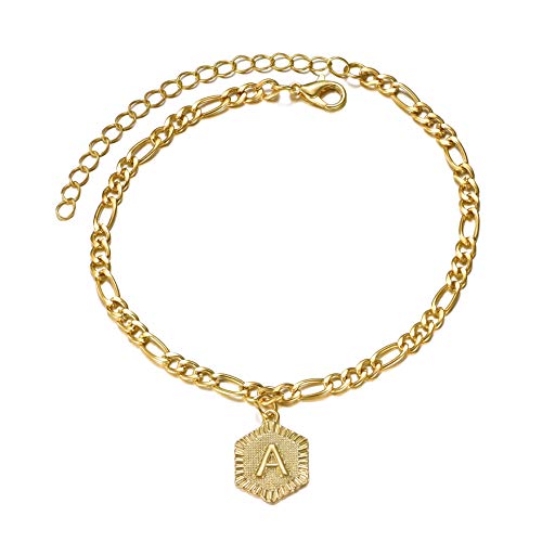 Elitven Alphabet Initail Letter A Anklet - Gold Plated Figaro Chain Anklet Bracelet A to Z Foot Jewlelry for Women (Letter A Anklet)