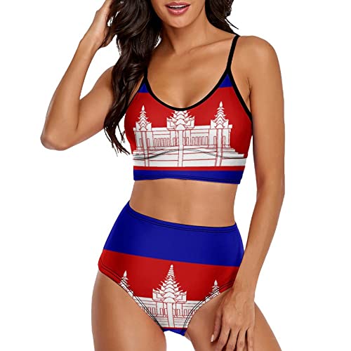 Vnurnrn Cambodia Flag Womens High Waisted Bikini Set Swimsuit Tummy Control Two Piece Swimwear Sporty Bathing Suits