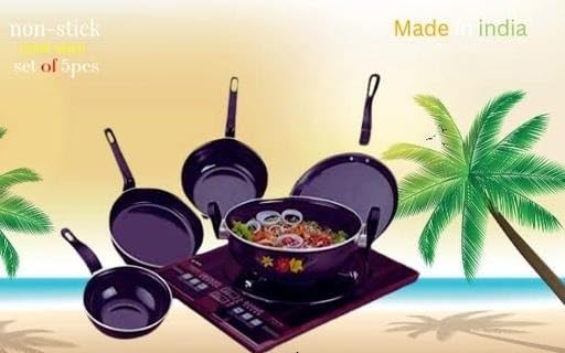 Image of 5 Piece Cast Iron Induction Non Stick Cookware Set Kadai Fry Pan Tawa Saucepan Tadka Pan Kitchen Durable Use Black Free Size