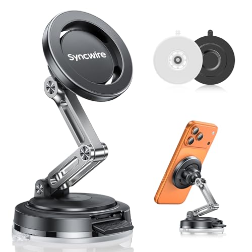 SYNCWIRE for MagSafe Car Mount [3-Axis Adjustable] Vacuum Magnetic Phone Holder with Replaceable Suction Cup Dashboard/Windshield 360 Rotation & Foldable for iPhone 17-12 Pro Max Plus