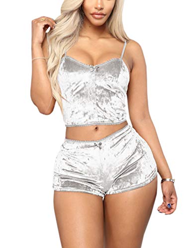 Angsuttc Sexy 2 Piece Pajamas Set for Women Velvet Spaghetti Strap Camisole Shorts Sets Sleepwear, White XL