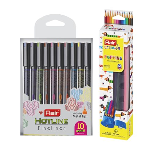 Image of Flair Creative Series 10 Vibrant Colorful Shades Hotline Fineliner & 12 Shades Color Pencil With Built In Sharpener & Eraser Combo|For Drawing,Mandala,Sketching,Doodling,Journal,Coloring, Multicolor