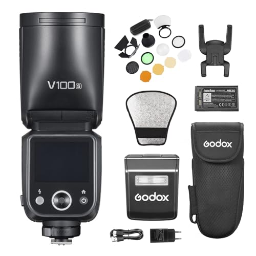 Godox Flash de cámara V100S con kit de accesorios AK-R1 2.4G inalámbrico 100Ws cabeza redonda TTL Speedlite con pantalla táctil, lámpara de modelado LED, subflash, batería de litio de repuesto para