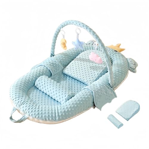 MORLU ベビーベッド 、 折りたたみ式 ベッドイン添い寝 、 新生児バイオニックを傾ける、 携帯型 、 正反面使用可 、吐き戻し防止のクッション付 (ブルーエレファント【ABサイドスージング+スロープマット+おもちゃラック】)