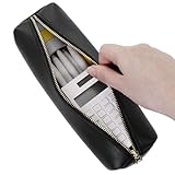 Yeory Black Pencil Case, Large Capacity Leather Pencil Pouch with Zipper, Portable for School & Office - Image 5
