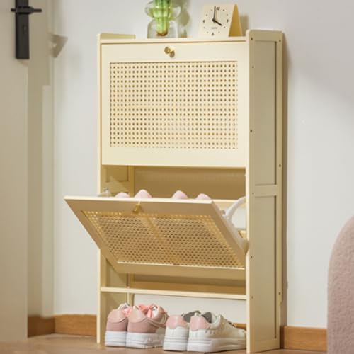 Zapatero delgado de bambú con 2/3 puertas independientes, estante estrecho de 17 cm con puertas abatibles para pasillos y sala de estar (50 x 17 x 87 cm, color blanco crema)