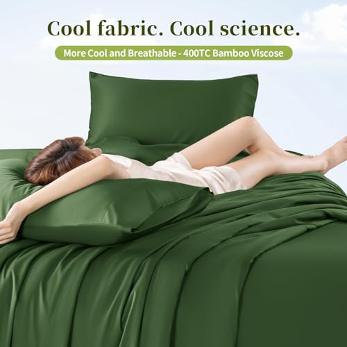 Shilucheng 100% Viscose Derived from Bamboo_ Sheets Queen Size 6pcs - Ultra Cooling & Silky Soft Bed Sheets, 16" Deep Pocket, Perfect for Hot Sleepers, Hotel Bedding Sheets (Olive)