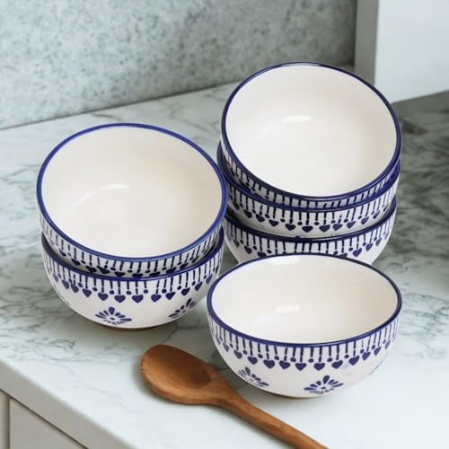 Image of Freakway Handcrafted Ceramic Serving Bowls Set | 200 ML | Microwave Safe, Chip-Resistant Stoneware for Soup, Snacks & Desserts (Set of 6, Blue & White)