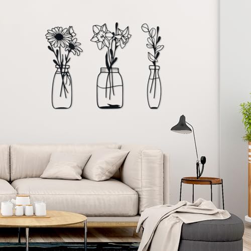 Zzbakress 3 piezas de flores y jarrones de metal, decoración de pared, arte minimalista, escultura de pared, narcisos, crisantemo, hojas de eucalipto, hierro, flores decorativas para sala de estar o